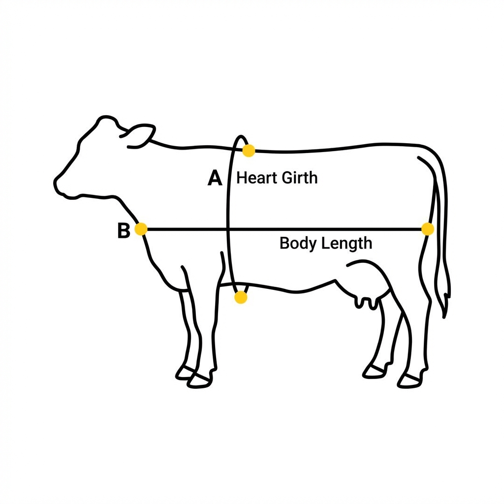 Cattle measurement guide showing heart girth (A) and body length (B)
